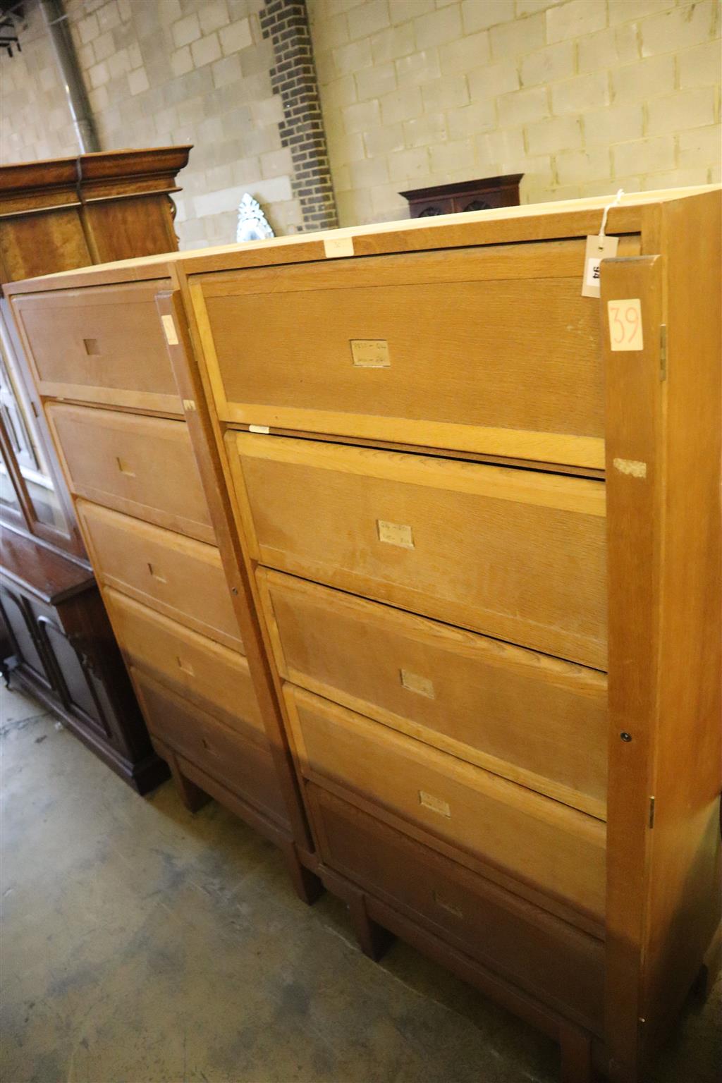 A pair of mid century RAF Staverton oak bookcases, both stencil marked to backs